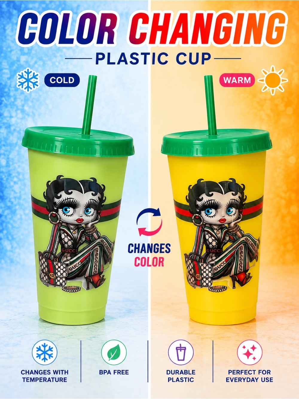 Gucci Betty Boop color changing Green Reusable Tumbler with Lid and Straw